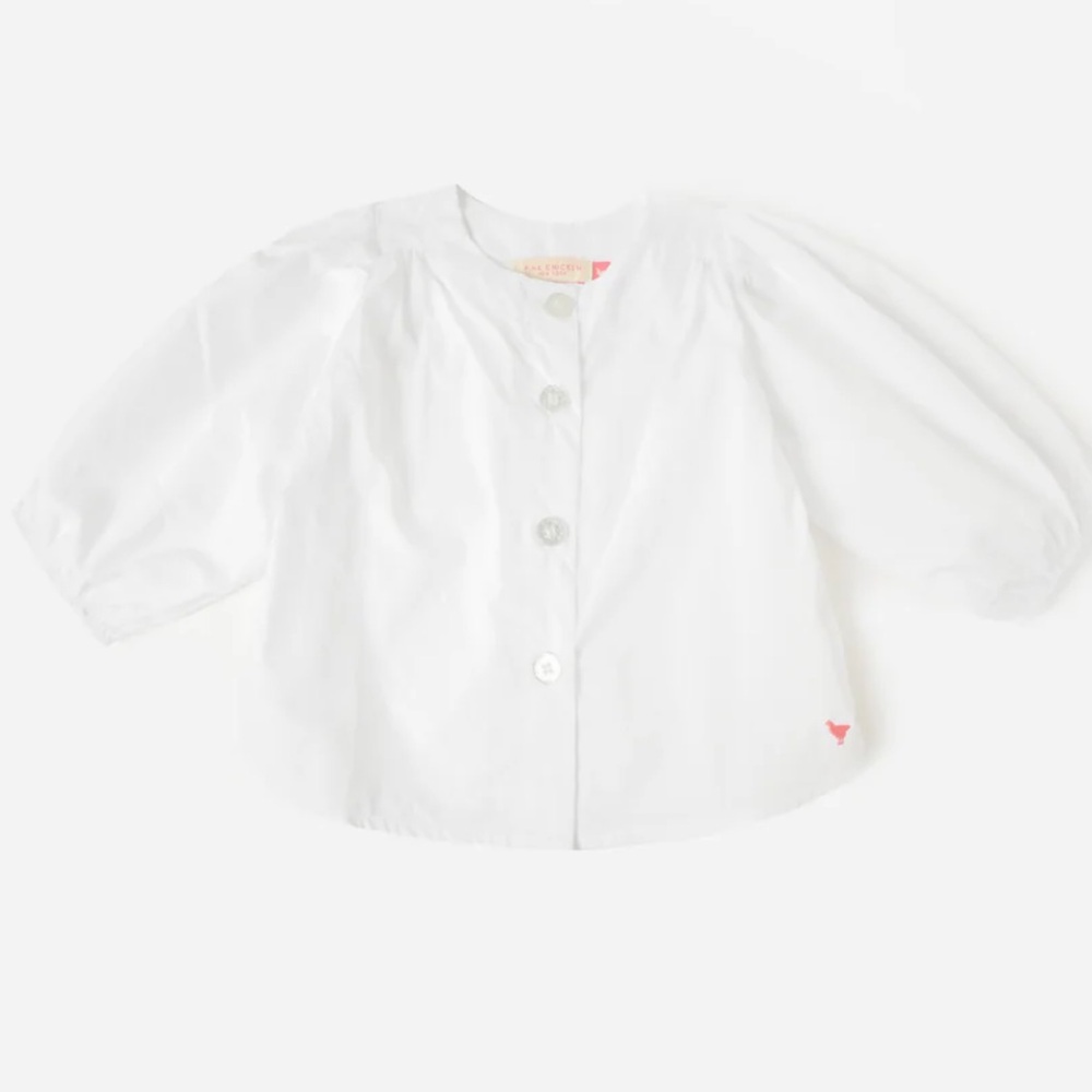 Pink Chicken White Puff-Sleeve Button Front Top with glittery silver buttons